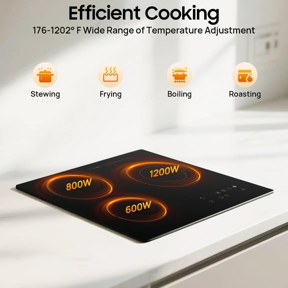 ChicHomey 2600W 3-Burner Ceramic Cooktop,Infrared Heating,LED Display,Top Touch Timing,Child Safety Lock,for Kitchen/Restaurant/Hotel​