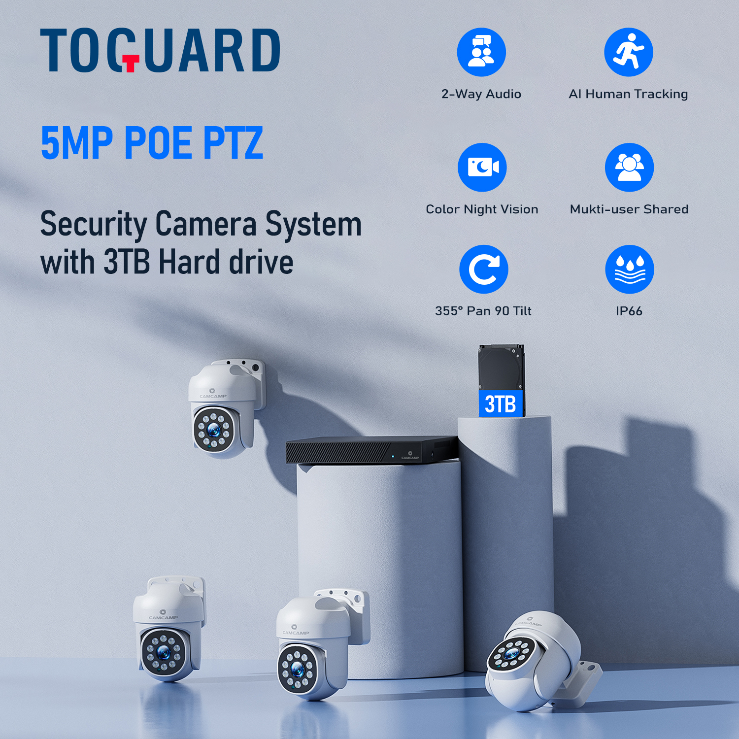 TOGUARD SC36 5MP POE Security Camera System Outdoor with 4K 8CH Expandable CCTV NVR 4Pcs 2.5K PTZ Dome Surveillance Cameras 3TB Hard Drive HDMI Connector - image 2 of 10