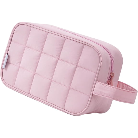 Puffy Travel Toiletry Bag for Women, Travel Bag for Toiletries, Cute Makeup Bag Organizer, Quilted Cosmetic Bag Make up Skincare Medicine Bags, Pink