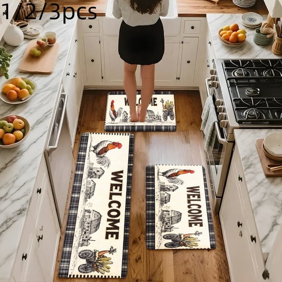 3PCS Mat Set, Welcome Door Rug, Home Decoration for Front Door, Kitchen, Bathroom, Rooster Farmhouse Welcome Plaid Pattern Design Kitchen Mat, Great Gift for Woman.