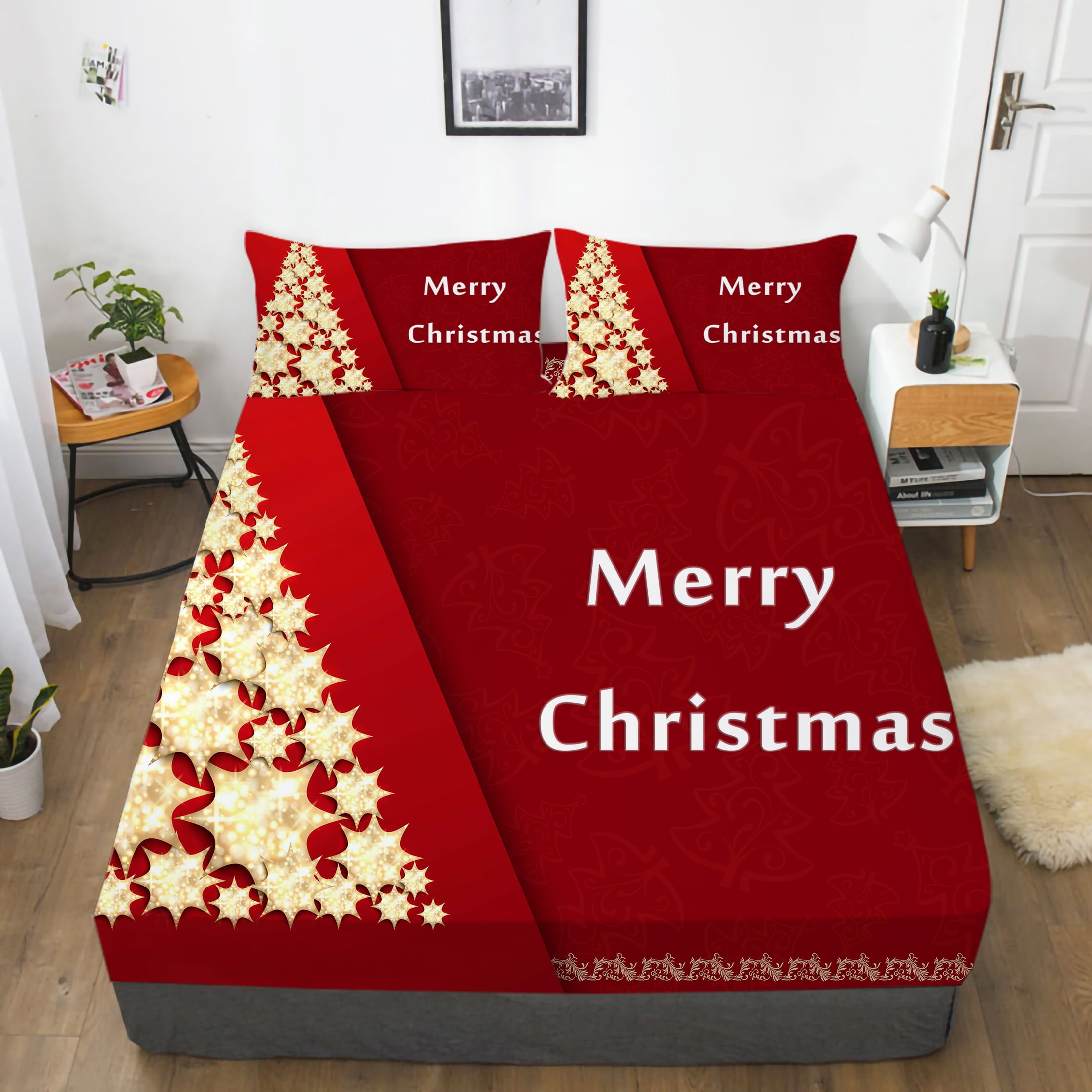 Luxury Unique Design Happy Christmas Painting Fitted Sheets Home