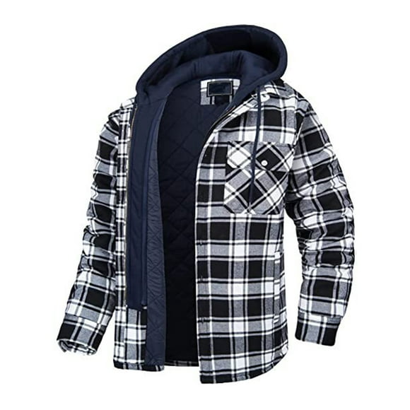 Bowake Men's Winter Hooded Jackets Plaid Zip up Thicken Warm Coat Casual Plus Size Padded Outerwear with Pockets