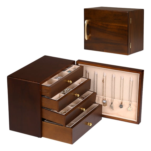 Kendal Wooden Jewelry Box for Women, Wooden Jewelry Organizer, 4-Layer Jewelry Organizer Box with Side Door, Single Door Jewelry Holder Organizer for Earrings, Necklaces, Rings WJ4CBXHT