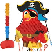 WERNNSAI Foldable Pirate Pinata - Extendable Pirate Parrot Pinata with Blindfold Bat and Tassels for Boys Pirate Birthday Party Supplies Caribbean Piñata Adventure Party Decorations 16.4” x 12.4”