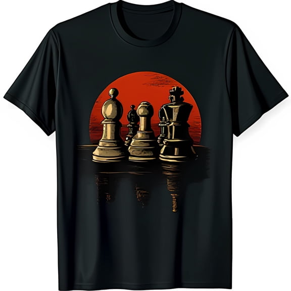 Chess Pieces Black T-Shirt with Red Sunset Graphic Design
