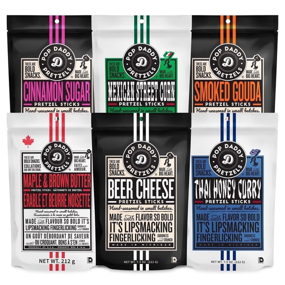 Pop Daddy Flavored Pretzel Sticks, Gourmet Pretzels, 7.5oz Variety Pack, 6 Pack, Thai Honey Curry, Maple & Brown Butter, Mexican Street Corn, Beer Cheese, Cinnamon, Smoked Gouda