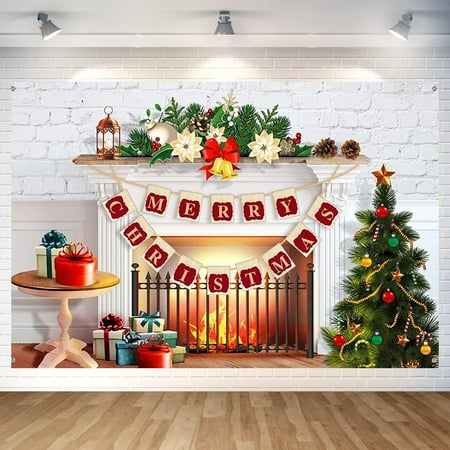 Image of Christmas Fireplace Backdrop Decorations Christmas Banner Xmas Fireplace Photo Background for Home Indoor Outdoor Christmas New Year Winter Party Decorations Supplies