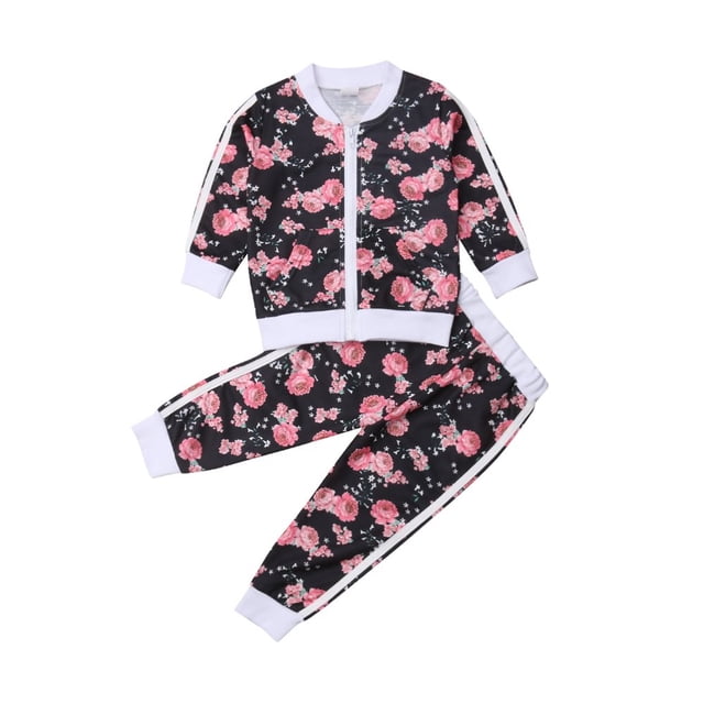 Baby Floral Print Toddler Girls Zip-up Tops + Long Pants Clothes Set