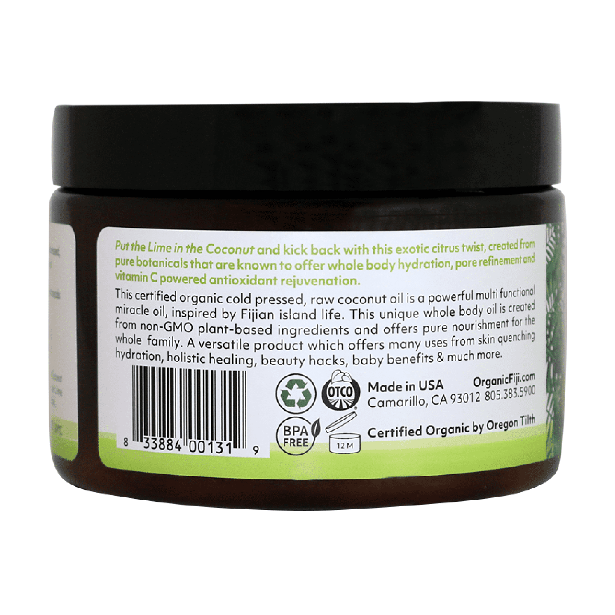 Organic Fiji Raw Cold Pressed Coconut Oil for Hair, Skin, Face & Body | Relaxing Massage Oil | Coconut Lime,12 oz for Women Men & Baby
