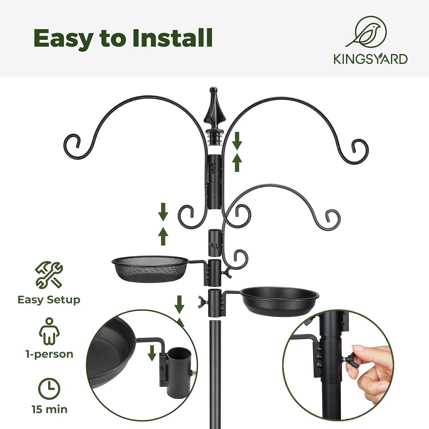 Bird Feeding Station Kit - 85 Inch Feeder Pole with 5-Prong Base, Stand for Outdoors Hanging Feeders, Upgraded in Stability, Black