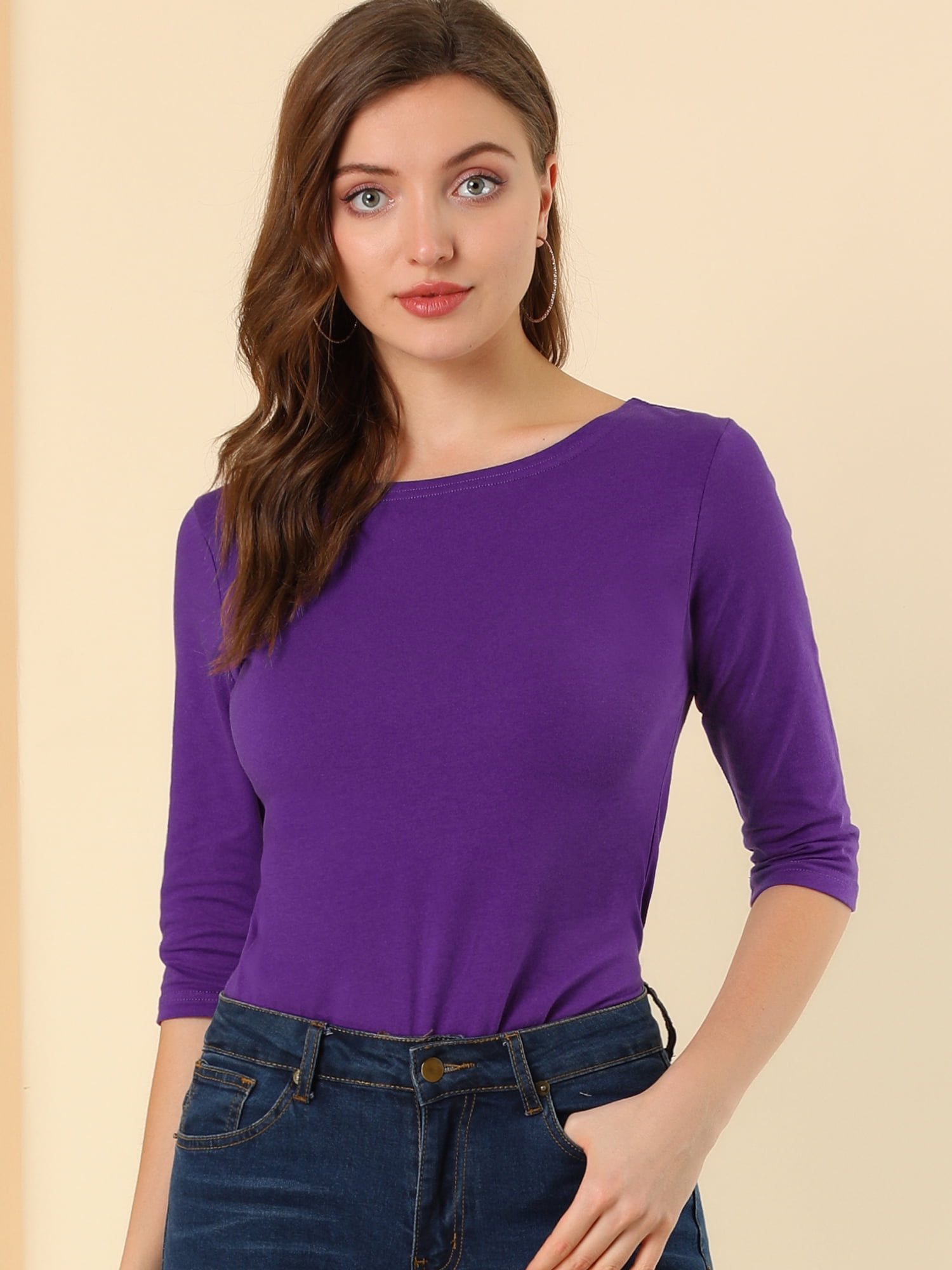 DARING DIVA Women's Elbow Sleeves Boat Neck Slim Fit Classic Tee M Deep Purple
