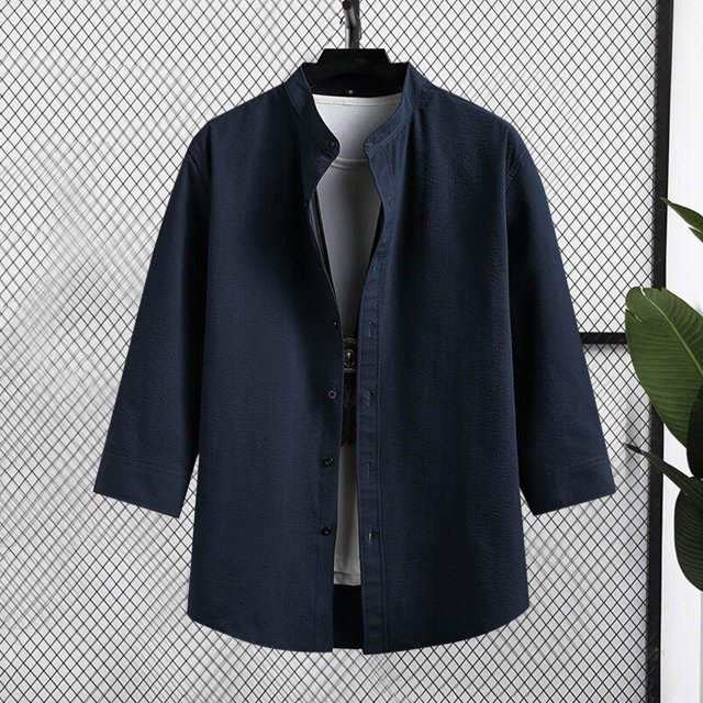 Blusa y camisa de manga corta con cuello alto para hombre, informal, de color liso, con botones y bolsillo, de poliéster.