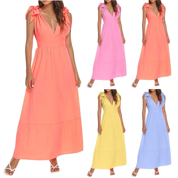 Antinious Ladies Summer Beach Dress,Elegant Dresses for Women,Party Dresses for Women Solid Camis Sleeveless V-Neck Backless Bow Bohemian Long Dress,Blue,XXXL