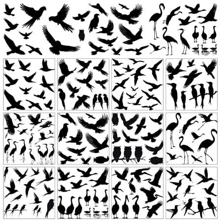 12 Sheets Bird Silhouette Rub On Transfer Stickers Black Bird Decoration Featuring Various Species in Flight and Perched Bird Strikes for Glass