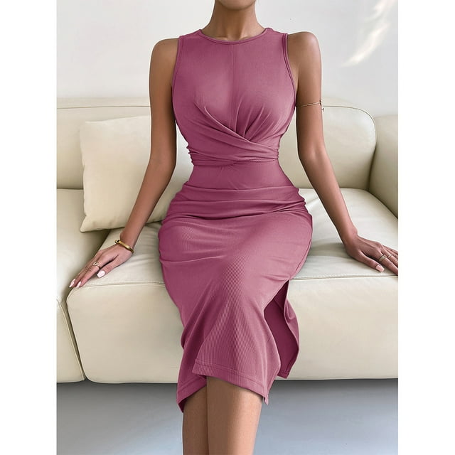 Mefallenssiah Robe d'Été Sans Manches de Femmes de Couleur Unie à la Taille