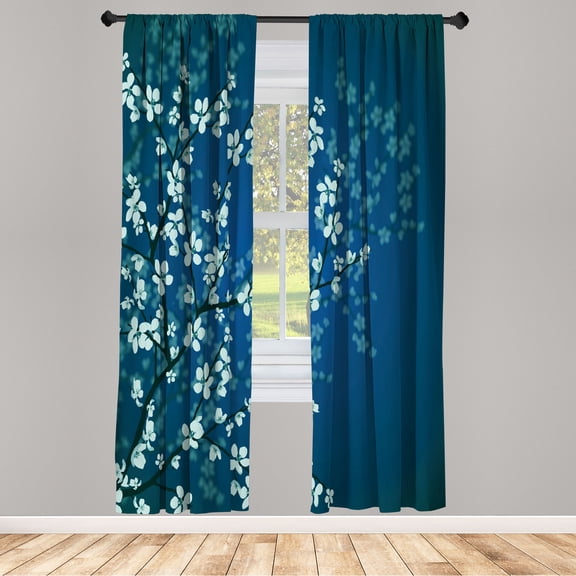 Ambesonne Japanese Curtains, Sakura Bloom Spring Season, Pair of 28"x95", Sea Blue