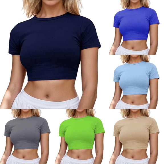Xiaoxatg Womens T Shirts,Women's T-Shirts Casual Short Sleeve Crop Top with Round Neck for Spring Summer Basic Solid Style Women's Tops Navy XXL