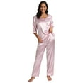 thumbnail image 3 of Womens Silk Satin Pajamas Loungewear Two-piece 3/4 Sleeve Long Pants Sleepwear Pj Set, 3 of 7