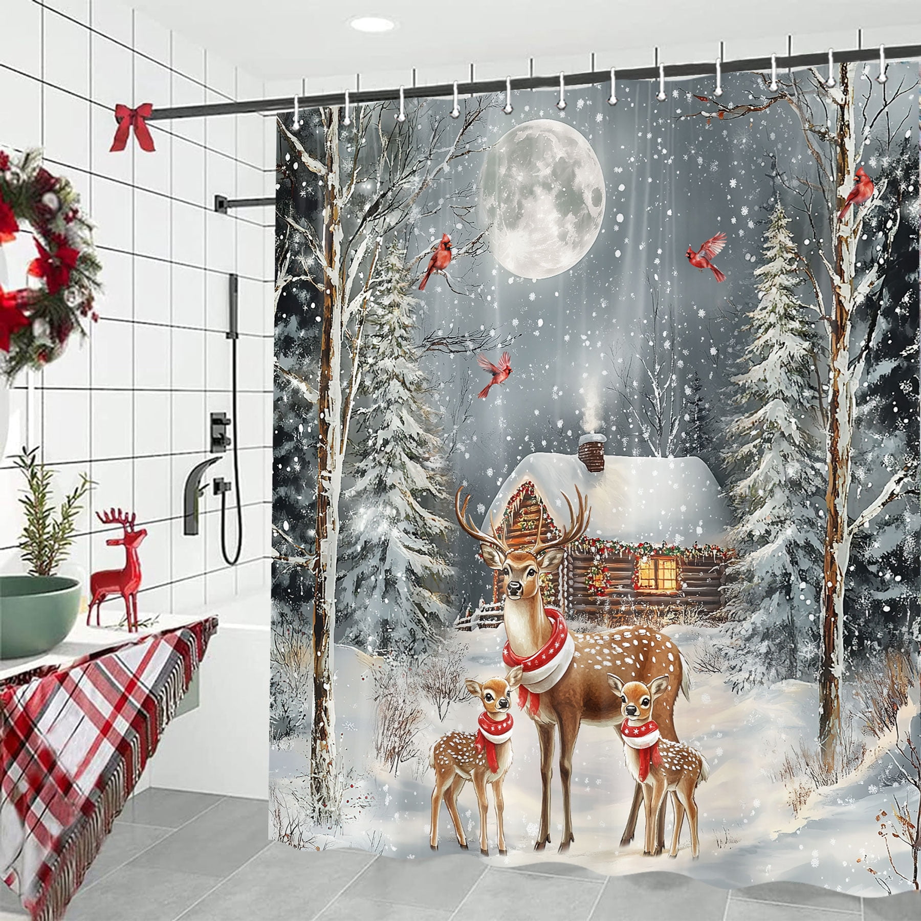 Christmas Deer Shower Curtain, Winter Forest Cabin Deer Cardinal Snowflake Scenery Shower Curtains for Bathroom, Rustic Farmhouse Snow New Year Fabric Bathtub Curtain Set with Hooks, 69X70IN