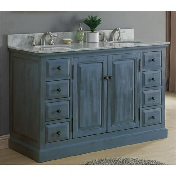 InFurniture WK8360-BG-CW TOP 60 in. Solid Recycled Fir Double Sink Vanity With Metal Glide in Blue Grey Finish With Carrara White Marble Top-No Faucet