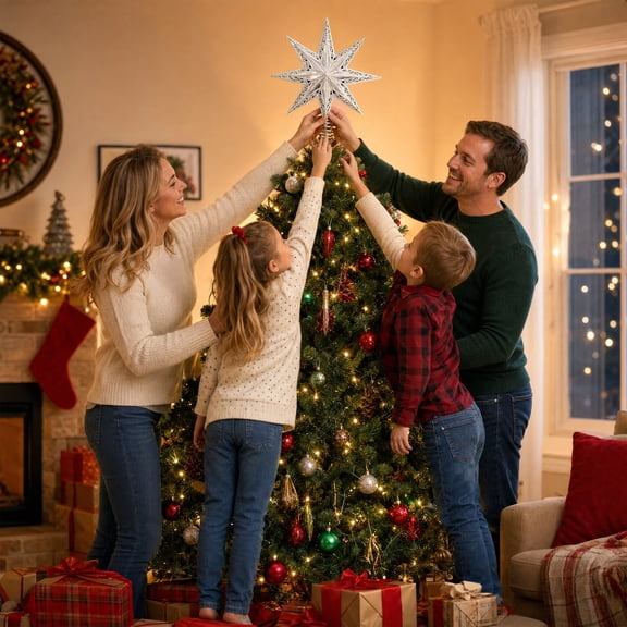 13.4" Large Hollow Christmas Tree Finial Star – Reflective Holographic Iron Treetop Decoration, Lightweight & Sturdy Xmas Tree Crown for Indoor Holiday Home Decor - Silver