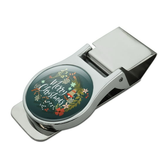 Merry Christmas Wreath Mistletoe Bell Satin Chrome Plated Metal Money Clip