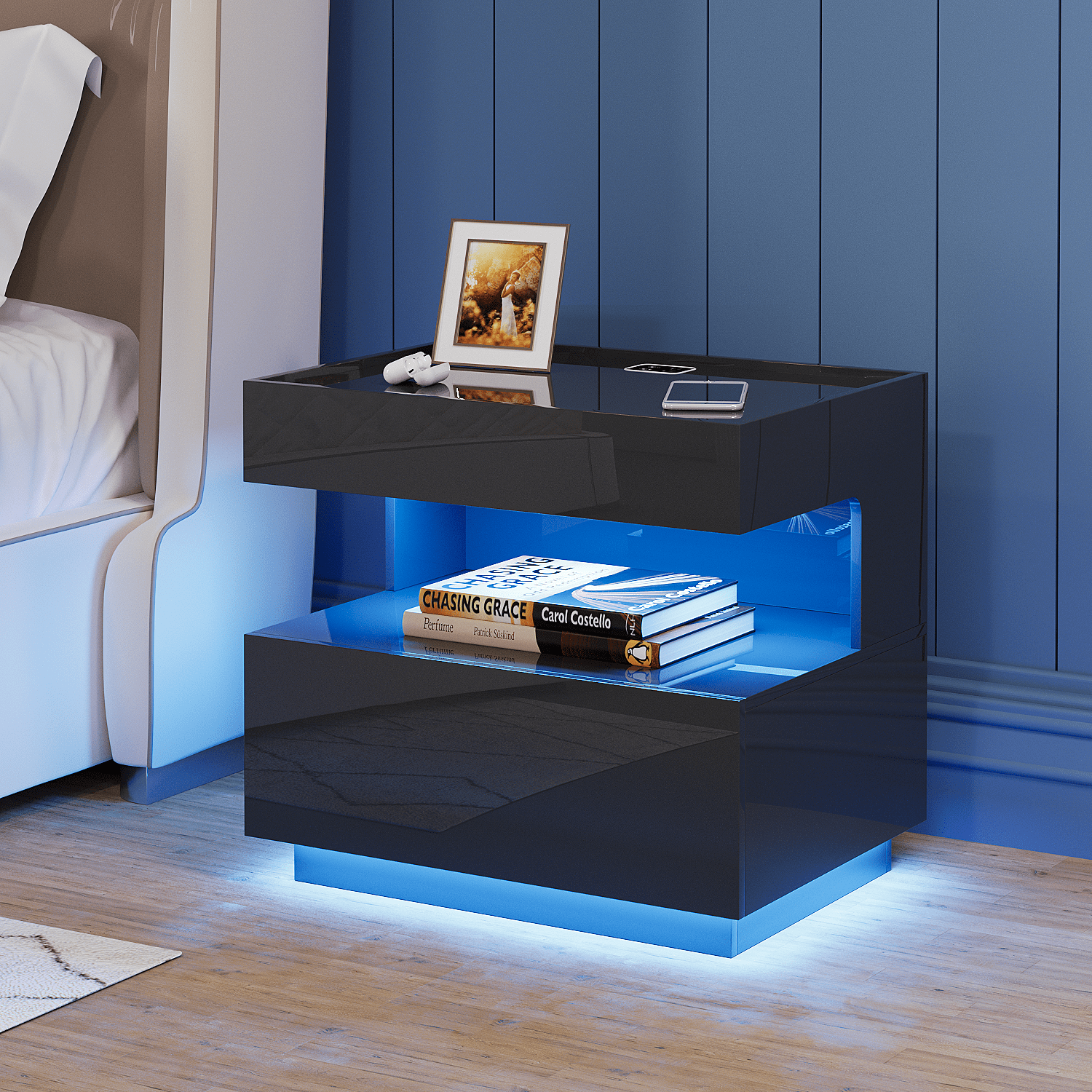 VKCC Modern LED Nightstand with Open Shelf, 2-Drawer Bedside Table with Charging Station, Black