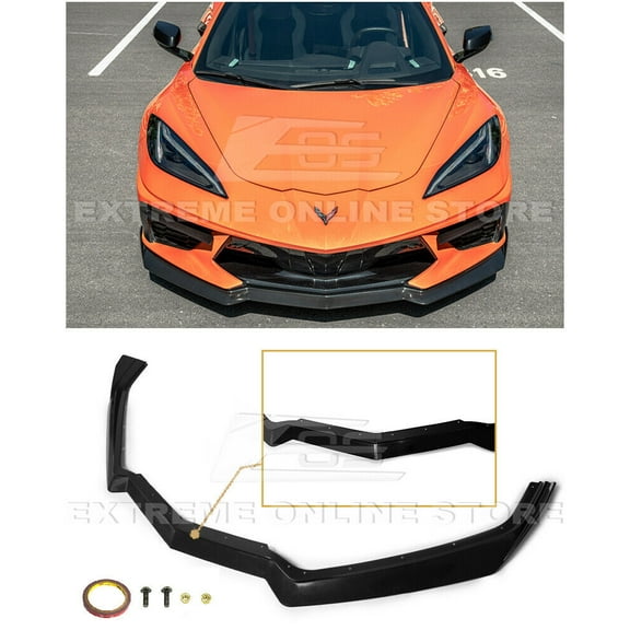 Replacement For 2020-Present Chevrolet Corvette C8 | GM 5VM Style 2 Pieces Front Bumper Lower Lip Splitter ( ABS Plastic - Primer Black )
