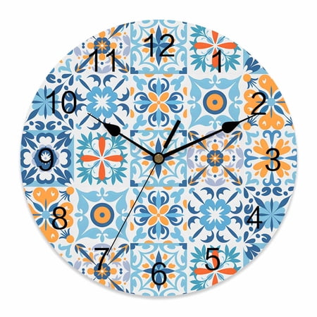 Wall Clock Floral Geometric Clocks PVC Silent Non-Ticking Battery Operated Vintage Blue Flower Ceramic Brick Round Clock for Home Living Room Kitchen Bedroom Office School Wall Decor 10 Inch