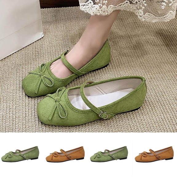 Bxsruta Women's Flock Mary Jane Flats with Bow and Adjustable Buckle Strap Casual Slip on Shoes