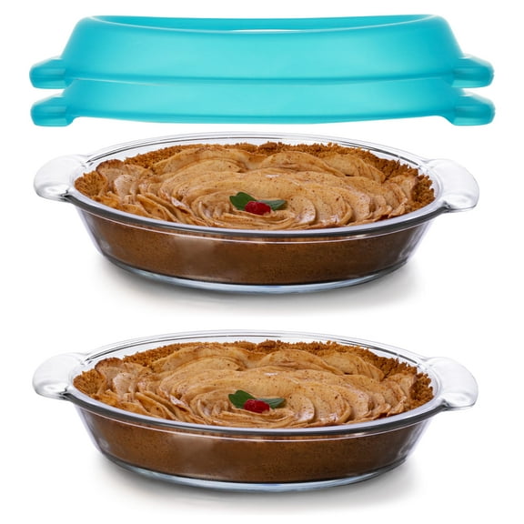 Libbey Baker’s Premium Glass Pie Dish Set of 2 with Lids, 9 Inch Round Baking Dishes, Stackable Bakeware with GreatGrip Handles, Durable Covered Pie Plates