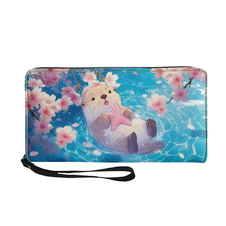 CHAQLIN Otters and Cherry Blossoms Pattern Long Purse with Zip Around Large Capacity Women Handbag for Travel PU Leather Money Pocket for Shopping