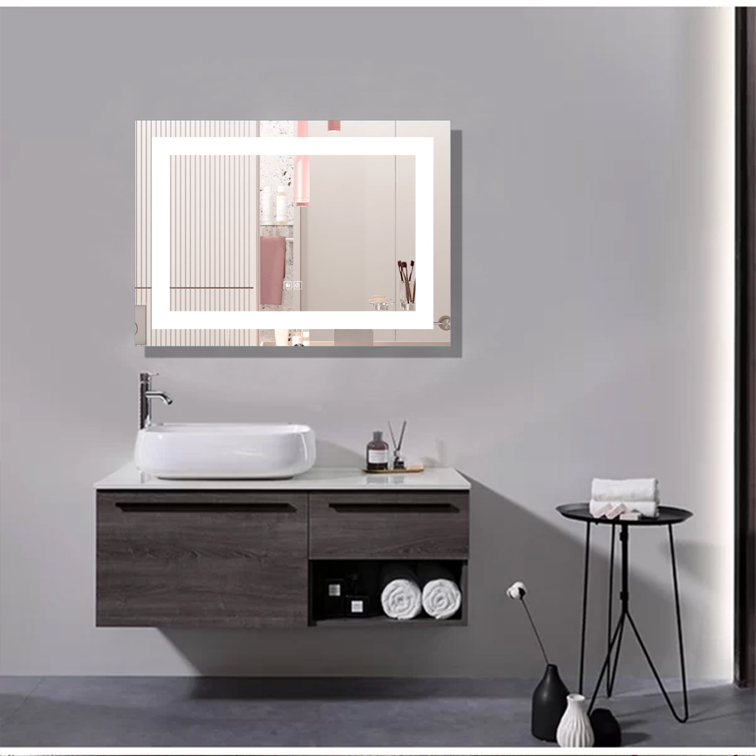 Anti-Fog Wall Mounted LED Frameless Bathroom Mirror with Switch 36"x28" Straight Corner