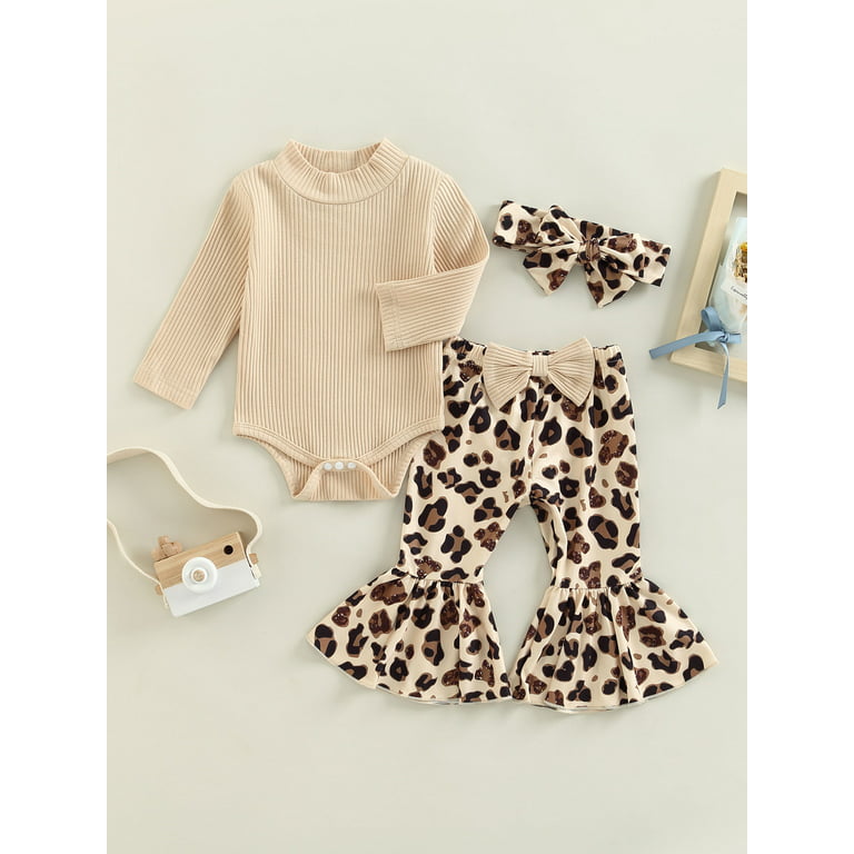 Franhais Baby Girls Pants Set, Long Sleeve Romper + Leopard Print Bowknot Flare  Pants + Headband 
