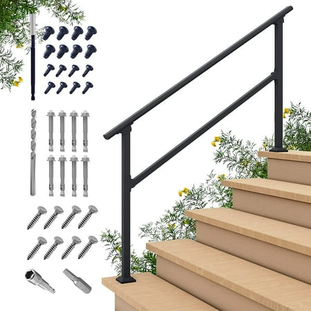CHR 5 Steps Outdoor Handrails for Outdoor Steps  Black Wrought Iron Hand Rail Stair Railing Kit (4-5 Steps Handrail)