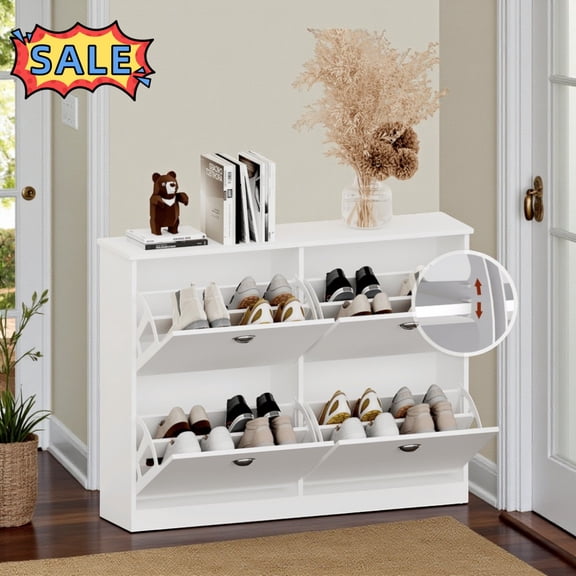 Tcbosik Shoe Cabinet with 4 Flip Drawers, Narrow Hidden Shoe Rack, Freestanding Shoe Organizer for Entryway, Hallway, Bedroom, Living Room, White