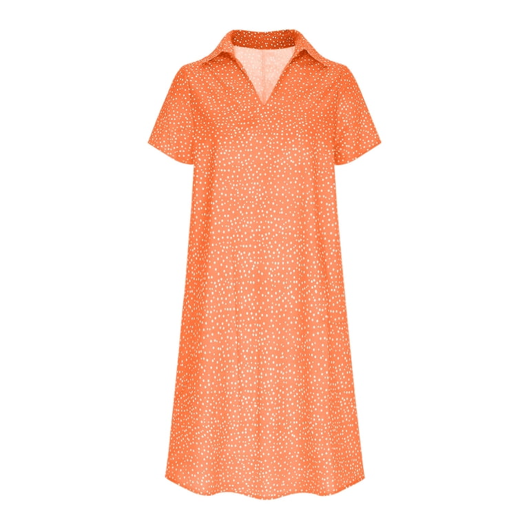 Sakmal Orange Womens Summer Dresses Mid-Length V-Neck Polka Dot Lightweight Flowy Short Sleeve Shift Dress