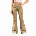 thumbnail image 2 of WAVSUF Girls School Flare Pants Elastic Waist Soft Comfort with Pockets Fall Casual Uniform Pants Brown 7-8, 2 of 9