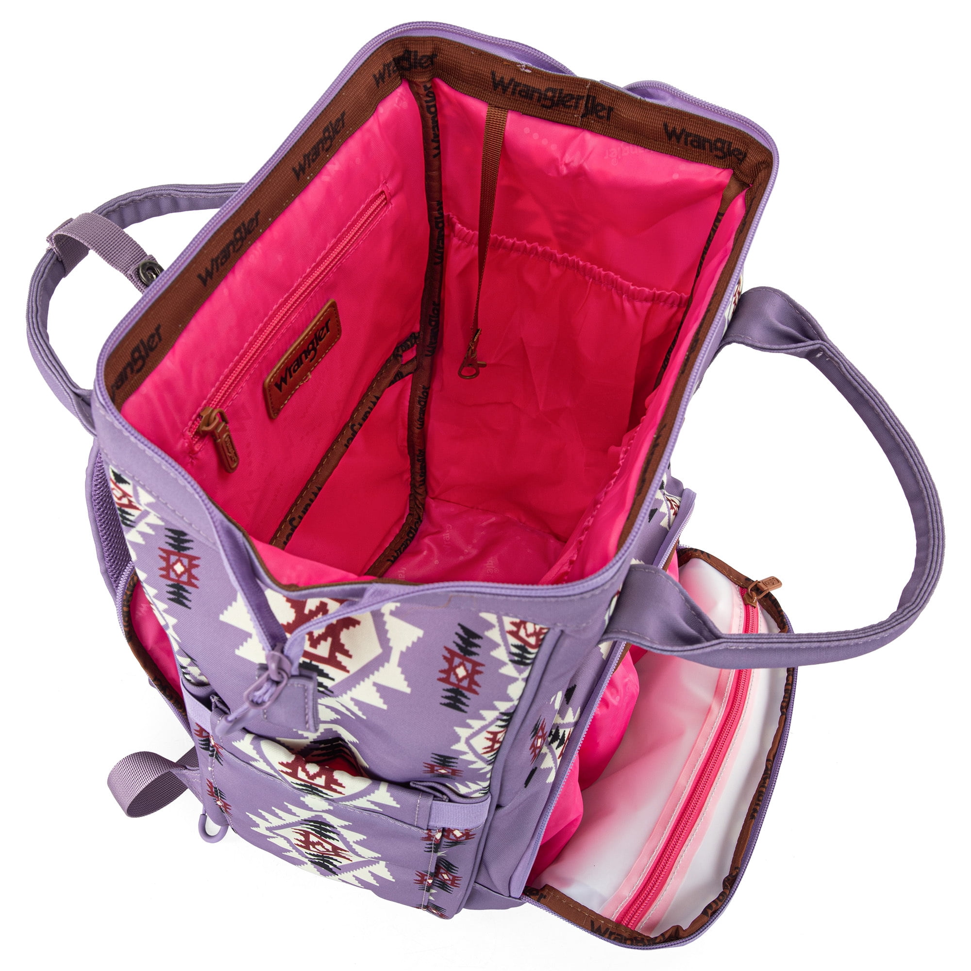 Wrangler Aztec Travel Backpack Baby Bag for Women with Stroller Strap and Side Bottle Pockets Organized Diaper Bag, Lavender