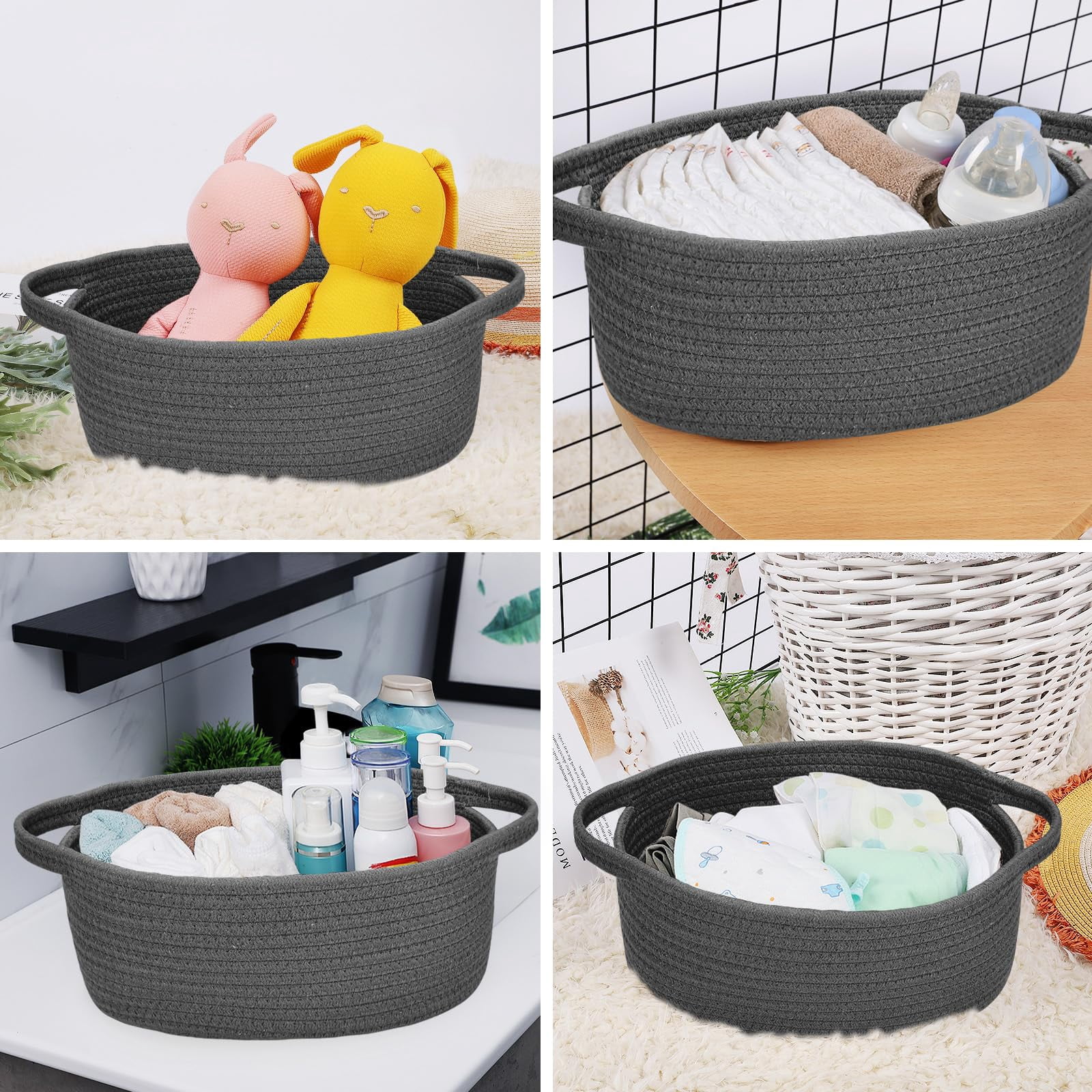 Small Basket with Handles, Boho Decorative Rope Woven Storage Bin Organizer, Pet Toy Storage, Easter and Holiday Gift Basket, 12"x8"x5", White