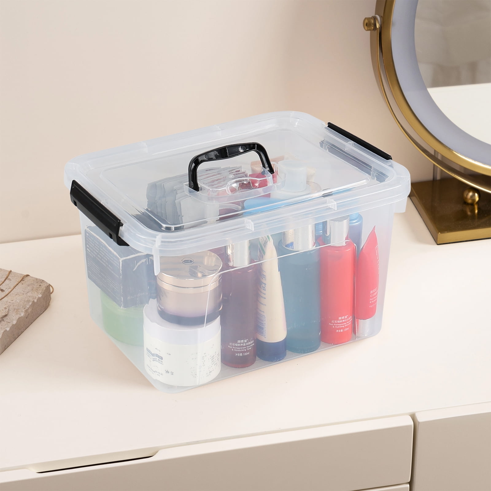 Hespama 4 Pack Clear Storage Bins with Handle, 12 Quart Plastic Lidded Organizer Box
