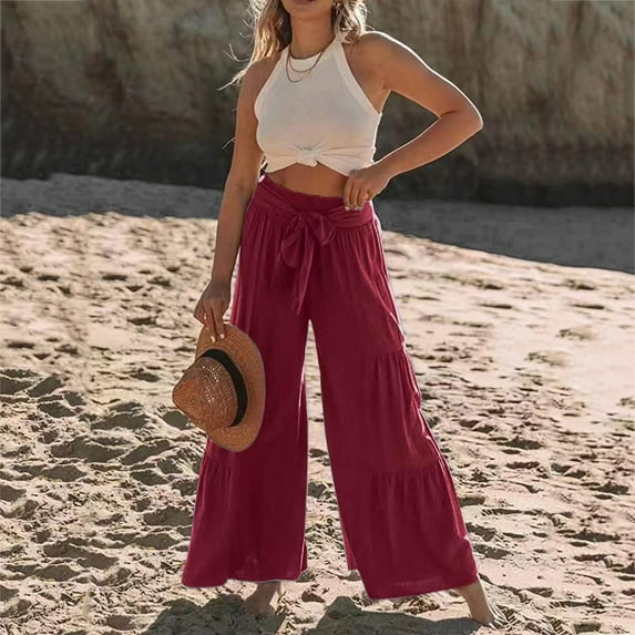 ERTUTUYI Women Summer High Waisted Cotton Linen Flare Palazzo Pants Beach Pant Long Bell Bottom Lounge Trousers L