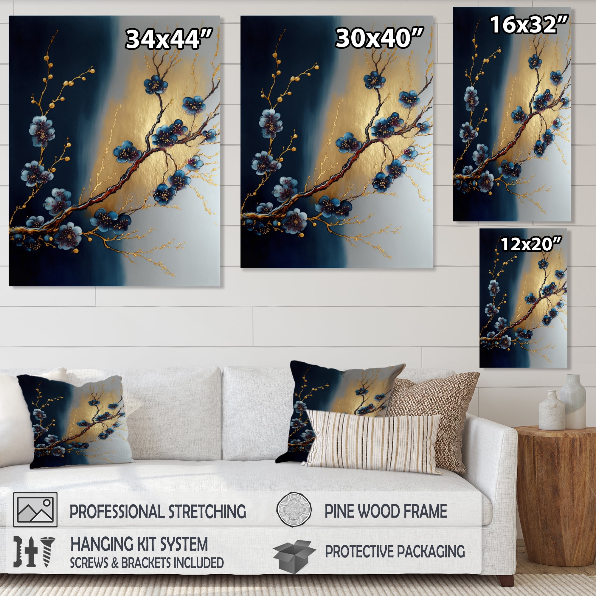 Designart Blue Cherry Blossom Branch III Canvas Wall Art