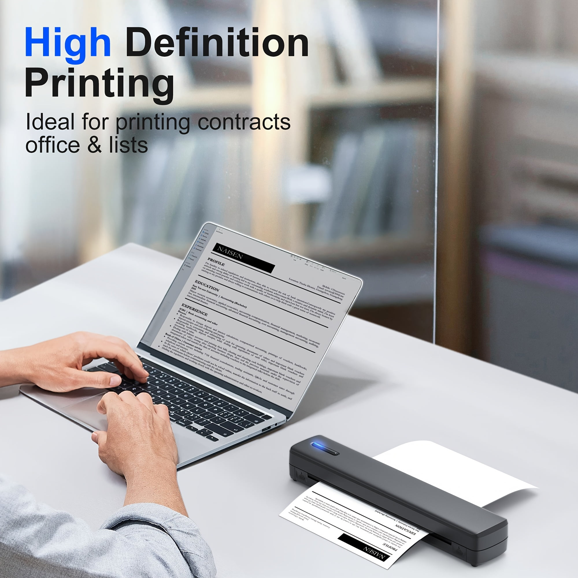 A4 Inkless Thermal Printer D810B: Wireless Portable Printer for Android iOS, Mini Letter Printing with Folding/Rolling/Tattoo Paper, Includes 20 Sheets