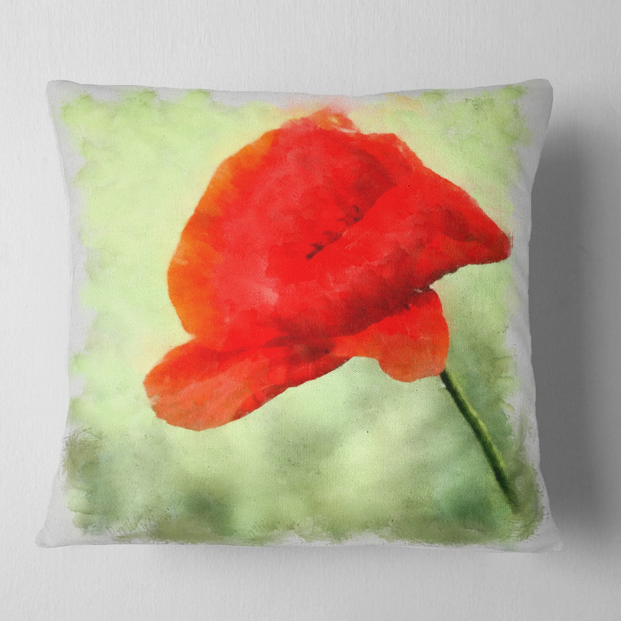 Designart Big Red Poppy Flower Watercolor - Floral Throw Pillow - 16x16