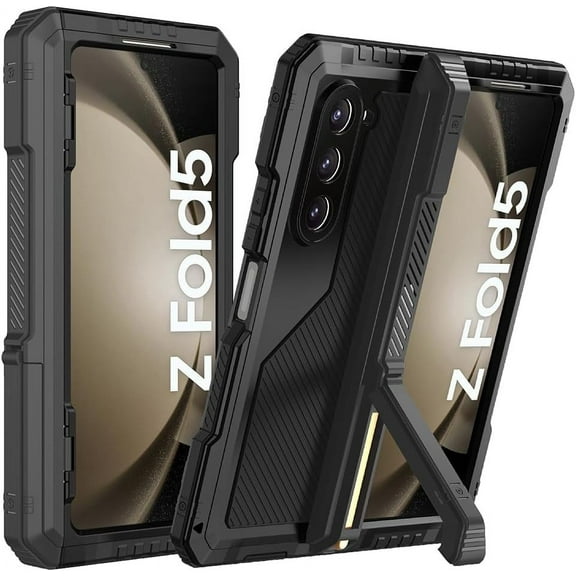 Metal Case for Samsung Galaxy Z Fold 5 Case with Kickstand & Hinge Protection & S Pen Holder, Shockproof Heavy Duty Rugged Stand Phone Cover Case for Galaxy Z Fold 5 Phone Case, Black