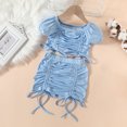 thumbnail image 2 of Vestido Para Niñas, Ropa Para Niñas Pequeñas, Moda Para Niños Pequeños, Lindo Color Sólido, Cordón Plisado, Manga Corta, Top, Falda, Traje, Azul Claro Odeerbi LM103-8905, 2 of 9