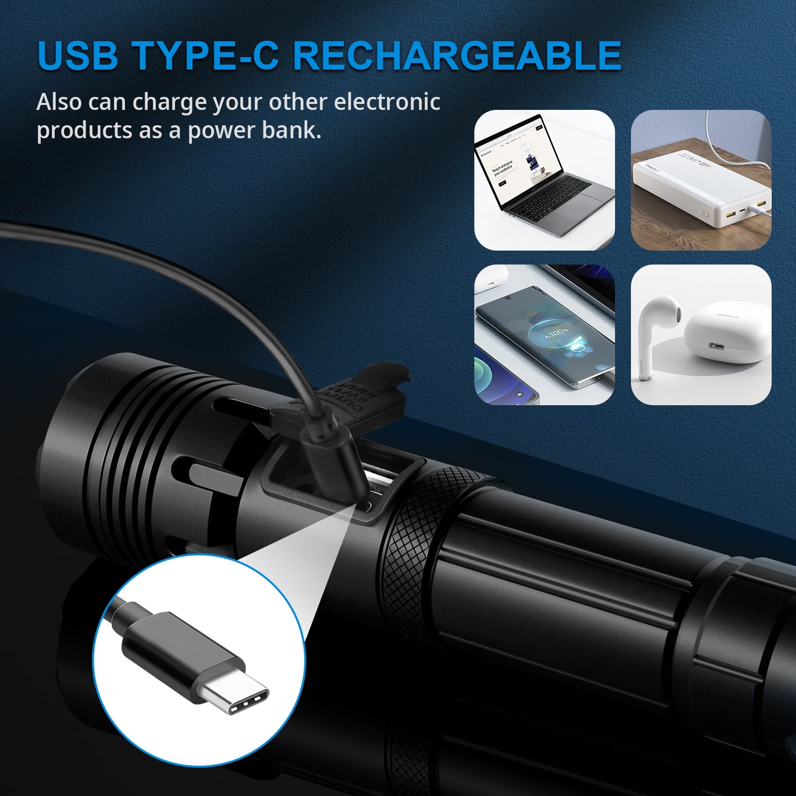 Flashlight 10000 Lumens,Zoomable LED Flashlight with 5 Modes, Flashlight Rechargeable with Type-C Cable,Flashlight for Emergency, Camping,Hiking,Outdoor Work(with 26650 Battery)