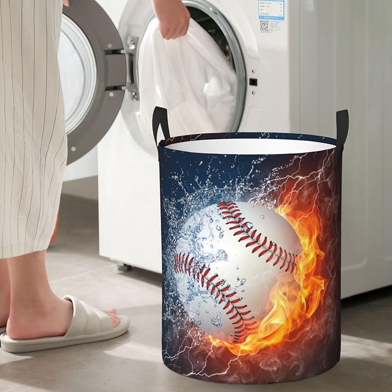Sport Baseball Ball In Fire And Water Round Laundry Hamper Storage Basket Toys Clothes Organizer Bin For Home Bathroom Bedroom Dorm Nursery