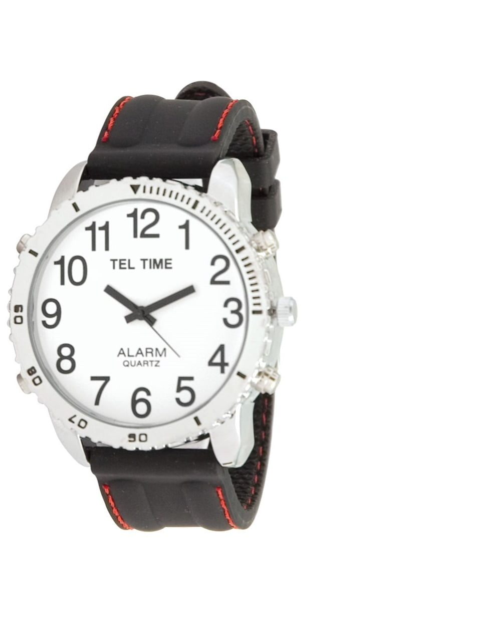 Large Dial Chrome Talking Vibrating Watch with Black Rubber Band